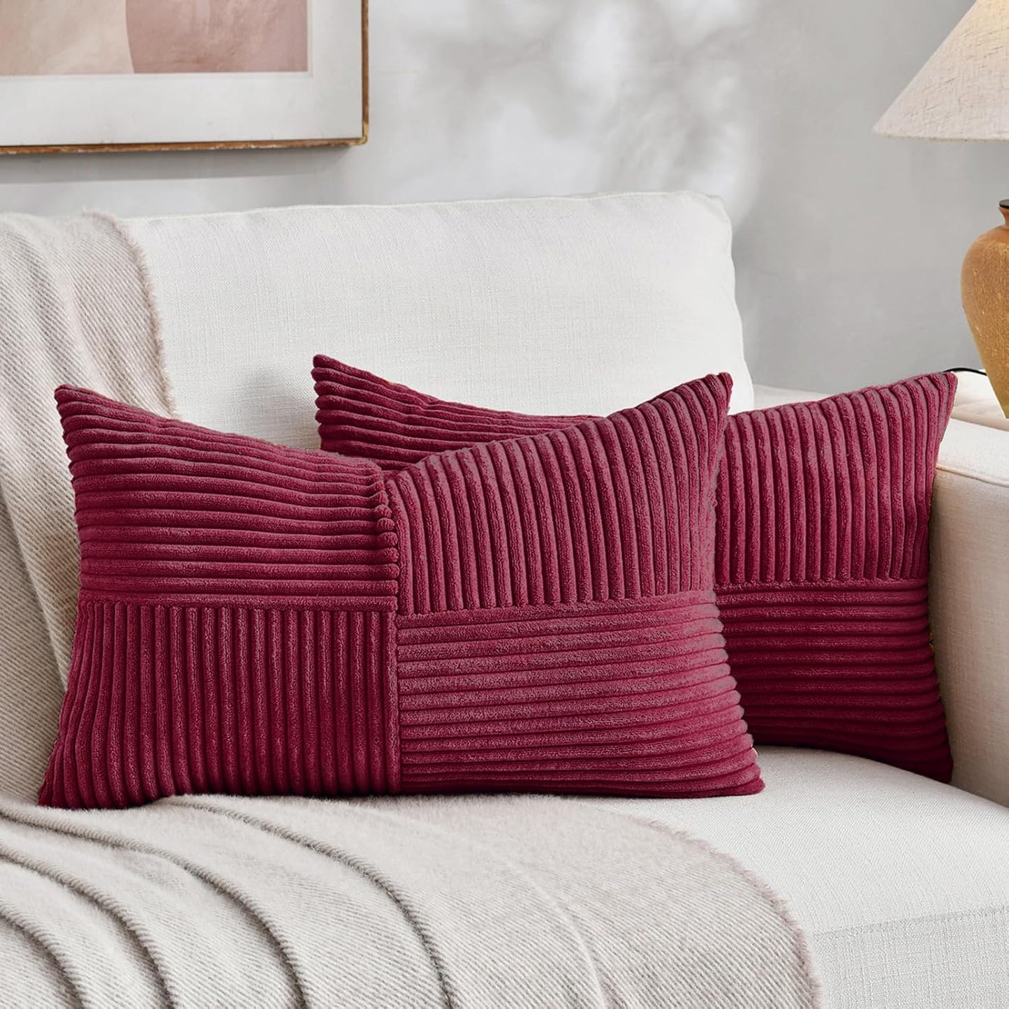 Fancy Homi 2 Packs Burgundy Lumbar Decorative Throw Pillow Covers 20x28 Inch for Living Room Couch Bed, Farmhouse Boho Home Decor, Soft Striped Corduroy Rectangle Accent Cushion Case 50x70 cm