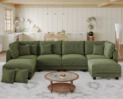 LLappuil Modular U-Shaped Sectional Sofa with Storage, 6-Seat Convertible Corduroy Couch with 6 Back Cushions & 6 Throw Pillows, Large L-Shaped Sofa for Living Room, Green