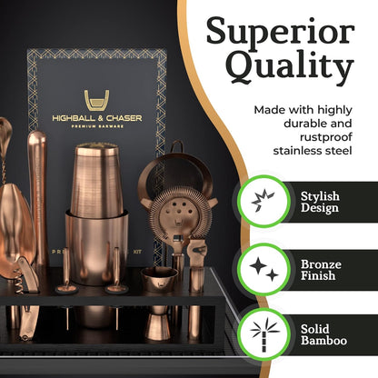 Highball & Chaser Bartender Kit with Black Bamboo Stand Beautiful Cocktail Shaker Set and Bar Tools Stainless Steel Boston Shaker Bartender Kit with Stand (Antique Copper)
