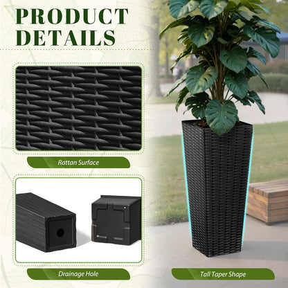 JUMMICO Set of 2 Resin Rattan Tall Planters for Outdoor Plants, Large Tapered Planters with Drainage Holes&Inner Trays, Flower Pots for Garden, Patio, Porch, Backyard (Black, 24'')