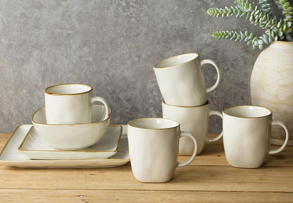 famiware Coffee Mugs Set of 4, Ocean Square 13oz Coffee Cup Set with Handle for Cocoa, Milk, Hot Chocolate, Tea, Water, Stoneware Cups for Kitchen, Microwave and Dishwasher Safe, Vanilla White