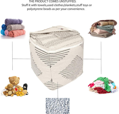 REDEARTH · UNSTUFFED Pouf Ottoman Cover Textured Boho Storage Square Home Decor Poof Pouffe Space Saver Footrest for Living Room, Bedroom, Nursery, Kidsroom; 100% Cotton (18"x18"x18"; Black)