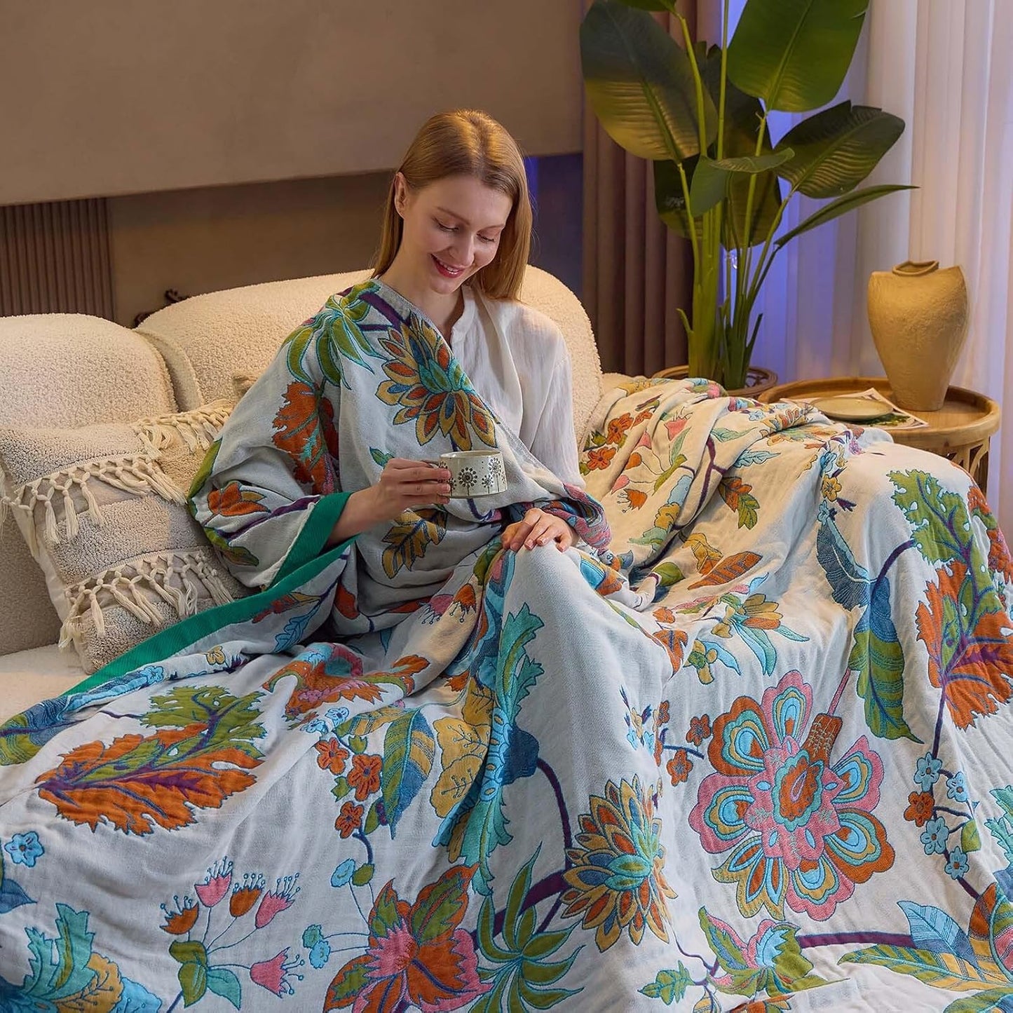 Summer Throw Blanket, 90"x98" Reversible Bohemian Flower Blanket, 100% Cotton Muslin Breathable Woven, Farmhouse Decorative Throw Blanket