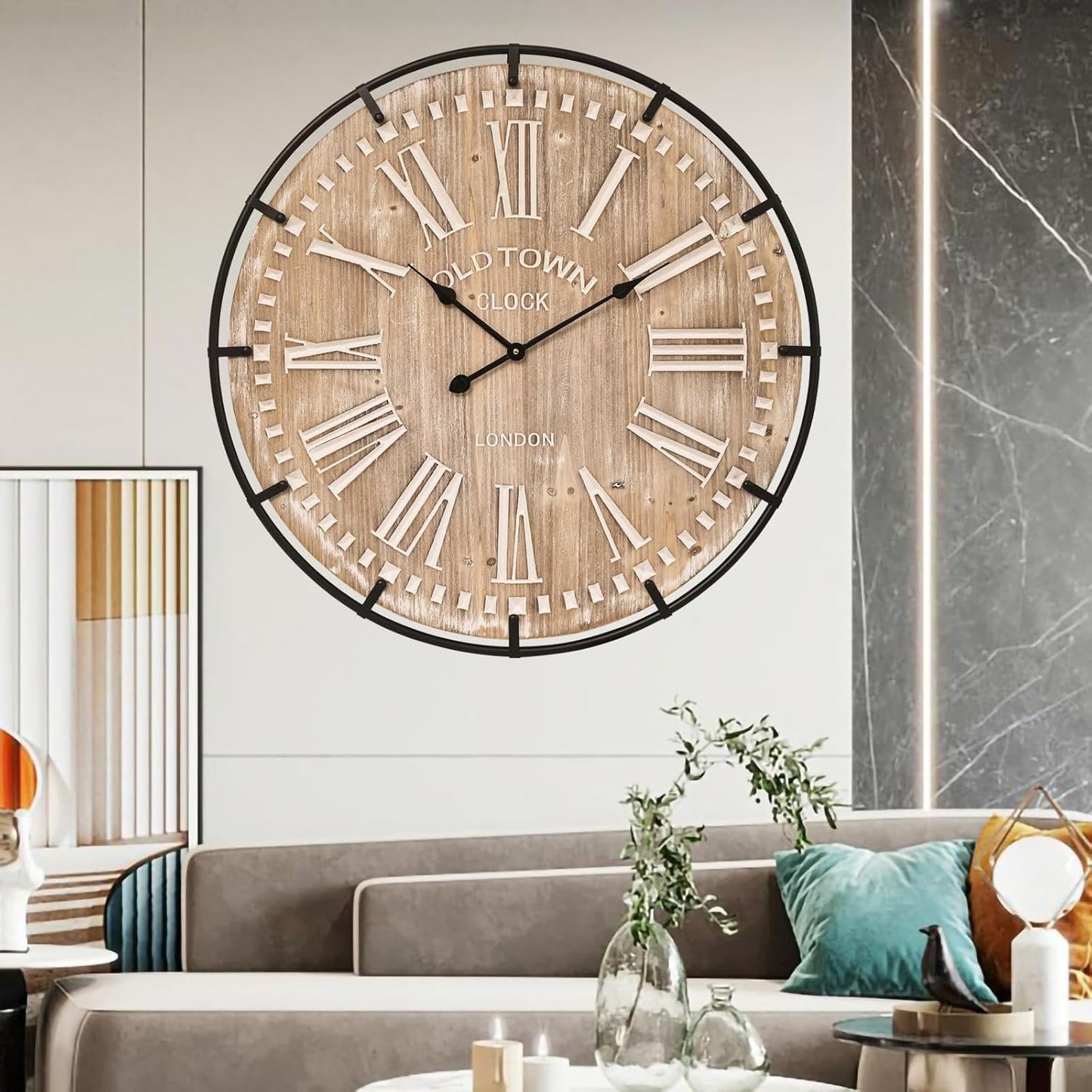 Large Wall Clock –30 Inch Farmhouse Clock -Extra Large 30 Inch Wood and Metal Wall Clock, Silent and Battery Operated for Living Room, Kitchen and Office Decor