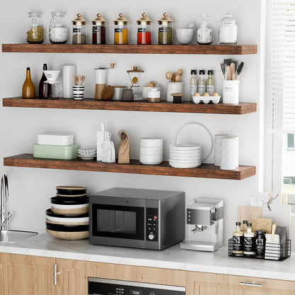 Fun Memories 55 Inch Floating Shelves - 9 Inch Deep Rustic Wooden Wall Shelves - Extra Deeper & Thicker Wall Mounted Storage Shelf for Living Room, Kitchen, Farmhouse - 55" W x 9" D x 1.8" H - Brown