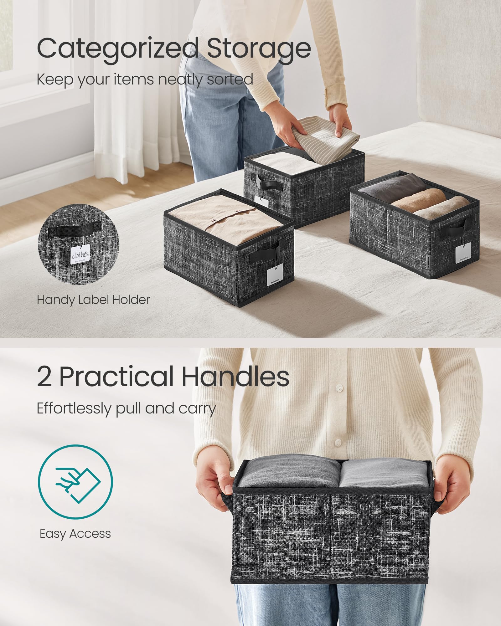 SONGMICS Storage Baskets, Set of 3, Foldable Closet Organizer for Shelves