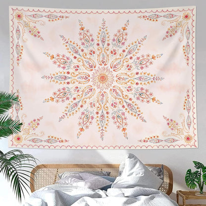 Fowocu Boho Floral Mandala Tapestry for Bedroom Aesthetic Pink Bohemian Flower Wall Tapestry Watercolor Hippie Indian Large Tapestries Wall Hanging for Living Room Dorm Decor 80 x 60 Inch