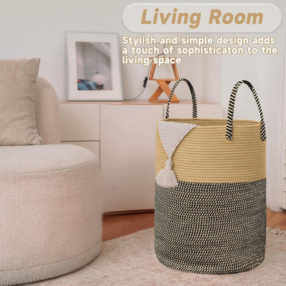 Large Woven Laundry Basket Hamper,100L Cotton Rope Storage Bin for Blankets,Toys and Clothes,Decorative Tall Nursery Hamper for Living Room,Baby Nursery,Bathroom and Bedroom,Brown and Black
