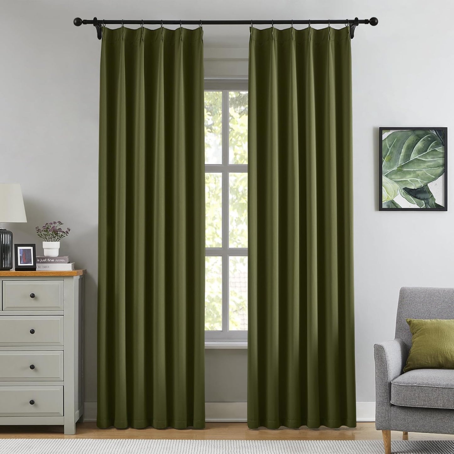 KangBang Olive Green Blackout Curtains 90 Inches Long for Bedroom, Pinch Pleated Thermal Insulated Memory Shape Draperies for Living Room Kitchen with Hooks(40”Wx90”L,2 Panels)