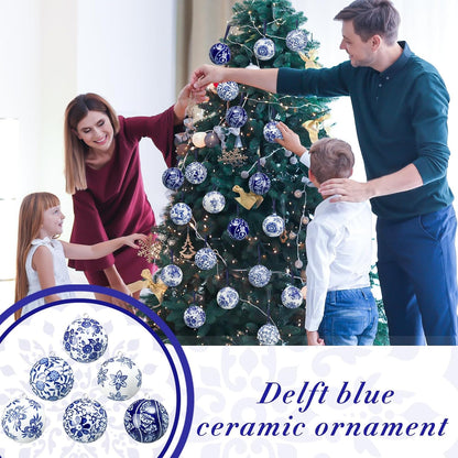 Cindeer 12 Pcs Blue and White Christmas Porcelain Balls 2.4 Inch Porcelain Chinoiserie Ornament Bulk Christmas Ceramic Hanging Decorative for Tree Home Xmas Party (Elegant Style)