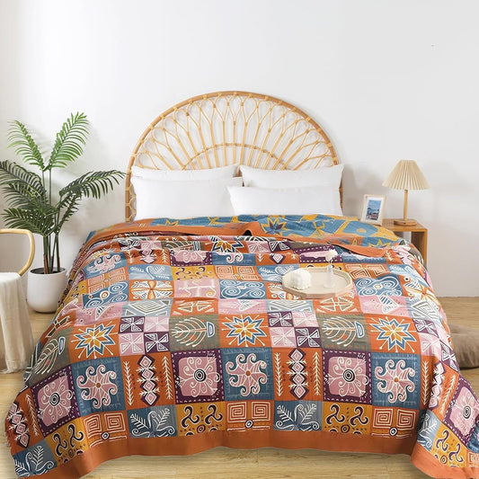 Boho Throw Blanket for Bed - 100% Pure Cotton Ultra Soft Rustic Quilt - Farmhouse Decor Bed Blankets, All Season Rustic Throw for Sofa Couch Chair(60"×80", Art Squares)