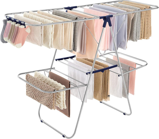 SONGMICS Clothes Drying Rack, Foldable 2-Level Laundry Drying Rack, Free-Standing Laundry Airer, with Height-Adjustable Wings, 33 Drying Rails, Sock Clips, Silver and Blue ULLR53BUV1