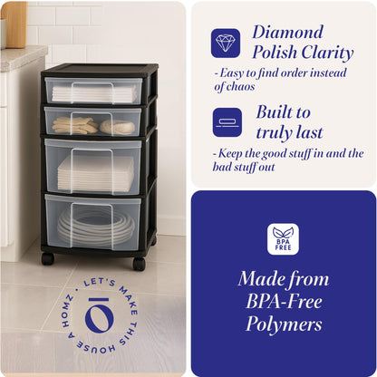 HOMZ Drawer Tower, 4-Tier Clear Plastic Storage Organizer Cart, Black Frame - Rolling Drawers with