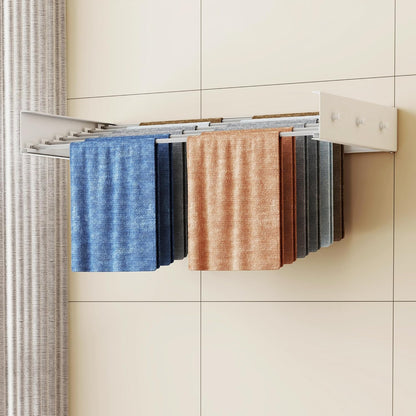 Upgrade Drying Rack Clothing,Clothes Drying Rack Wall Mounted,Laundry Drying Rack Wall Mount,Foldable,Collapsible,Retractable,6 Aluminium Poles,with Hooks,(White 35.5"