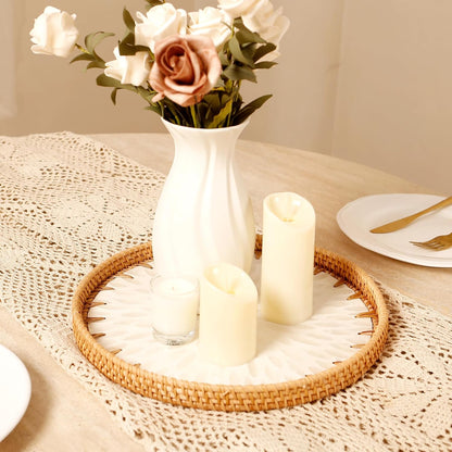Round Rattan Tray with Mother of Pearl Inlay & Wooden Base - Decorative Wicker Serving Tray for Coffee/Bread/Fruits, Food Storage & Display - Multipurpose Home Decor (L,White Leaves)