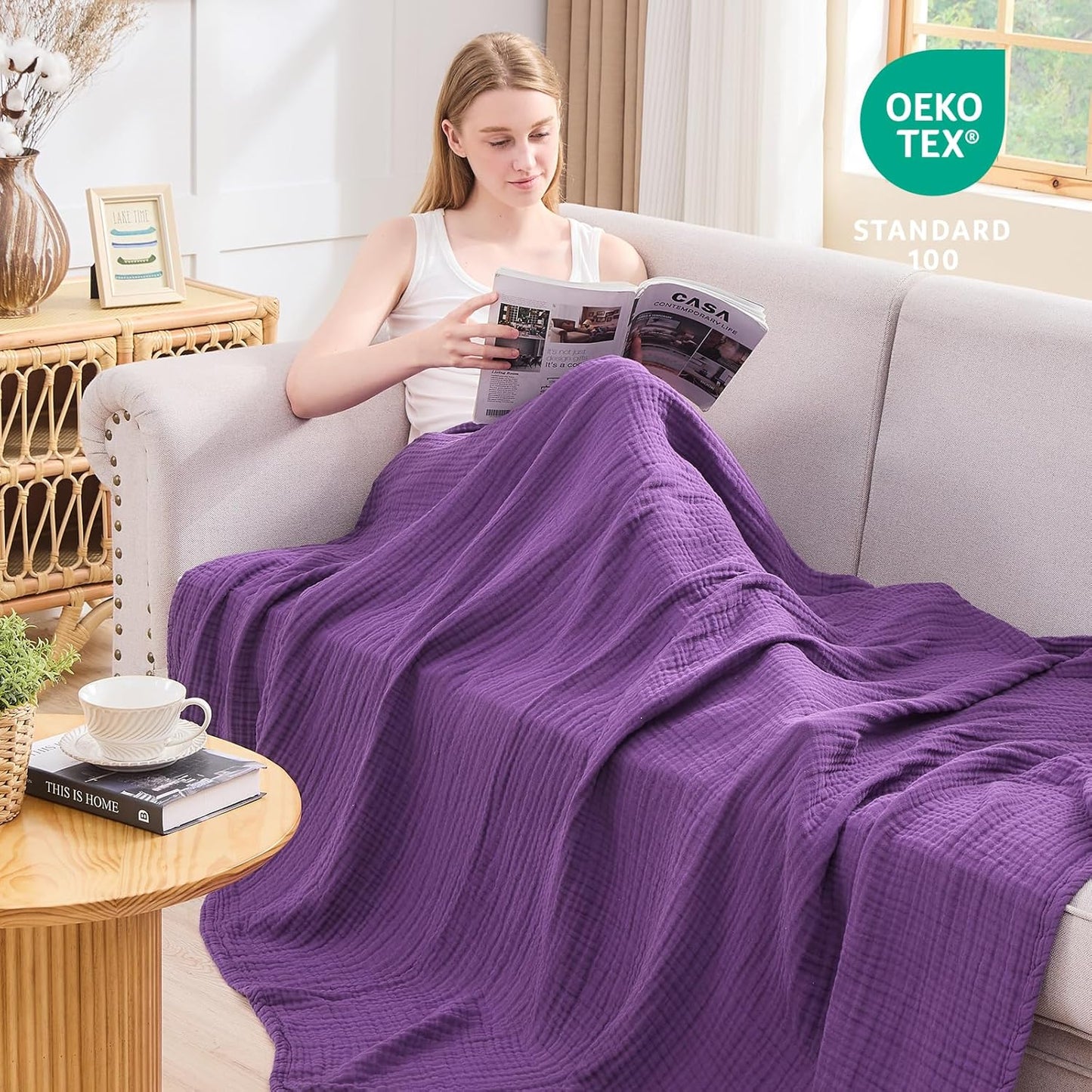 EMME Cotton Muslin Large Throw Blanket Couch Breathable Gauze Blanket Soft Lightweight Bed Blankets Adults (Purple, 50"x70")