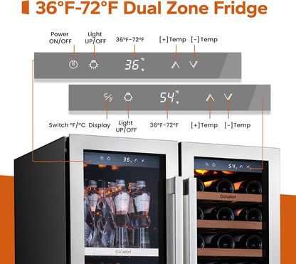 Ca'Lefort 30 Inch Wine and Beverage Refrigerator, 80 Can and 33 Bottle French Door Wine Refrigerator 36-72°F, 3 LED Wine Fridges with Glass Door, Built-in or Freestanding for Home/Kitchen (6.00 cu.ft)