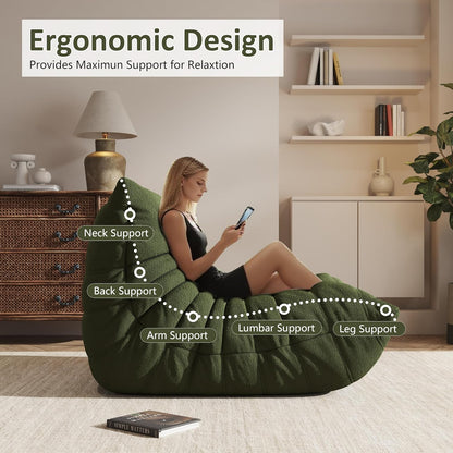 Bean Bag Chair, Oversized Loveseat Fireside Chair for Adults, 2 Seater with Memory Foam Filled, Lazy Sofa Lounge Floor Sofa for Living Room, Bedroom, Office, No Assembly Required. (Green)