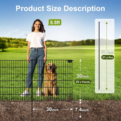 Land Guard 20 Panels No Dig Decorative Garden Fence with Gate for Yard, 30 in(H) x 50 ft(L) Removable Dog Fence Outdoor for Yard, Rustproof Metal Animal Barrier Ground Stakes