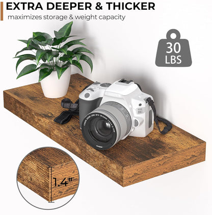 Fun Memories Floating Shelves - 16 Inch Rustic Brown Wall Shelf - Wall Mounted Shelves for Wall Decor Storage - Wooden Shelves with Invisible Brackets for Living Room, Bedroom, Kitchen, 2 Pack