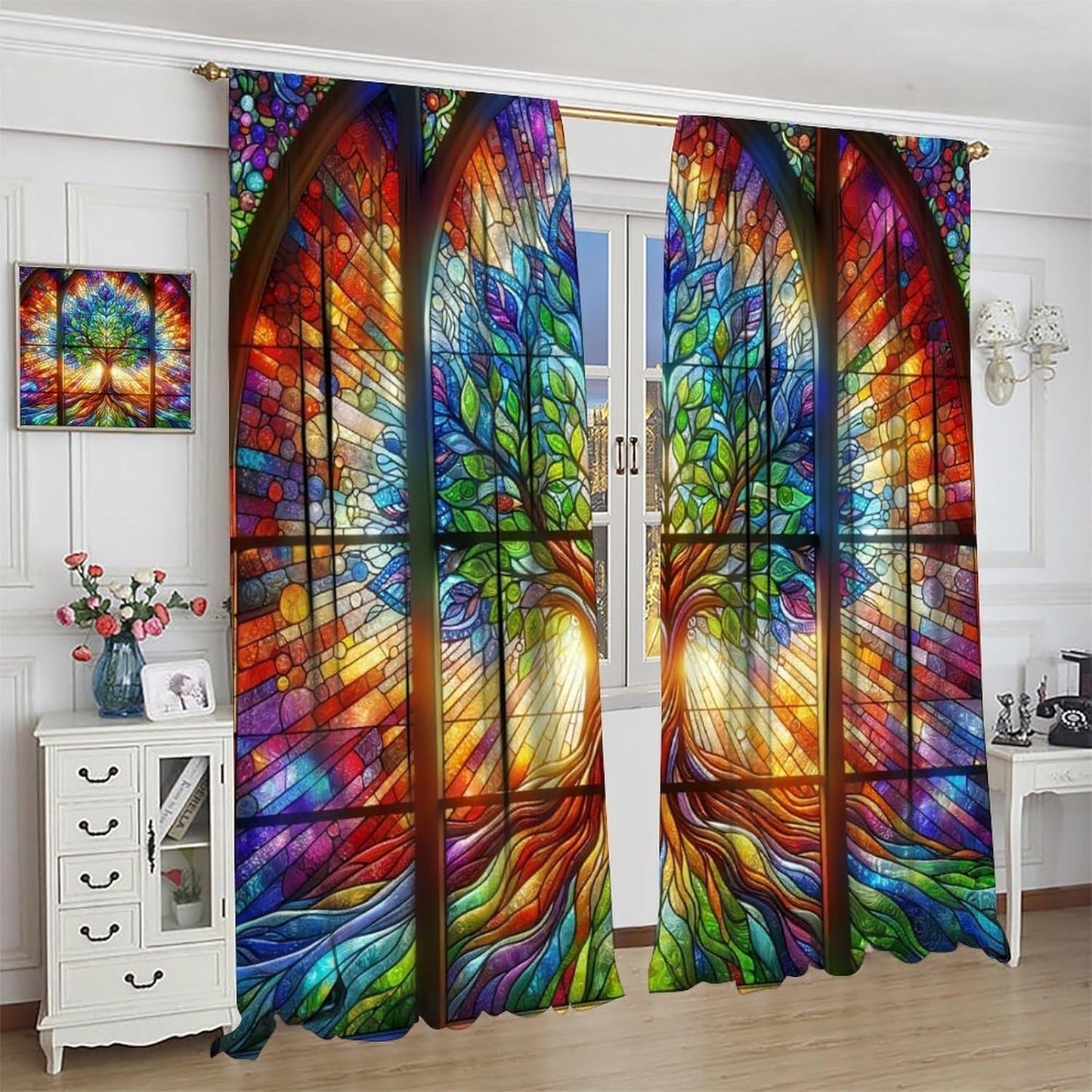 Stained Glass Curtains,Tree of Life Colorful Abstract Art Home Decor Drapes for Bedroom Living Room Kitchen Window Treatment 2 Panels Set Total Size 52" W X 84" L Inch
