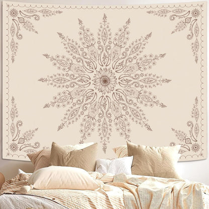 Fowocu Boho Floral Mandala Tapestry for Bedroom Aesthetic Bohemian Flower Wall Tapestry Beige Hippie Indian Extra Large Tapestries Wall Hanging for Living Room Dorm Decor 90 x 68 Inch