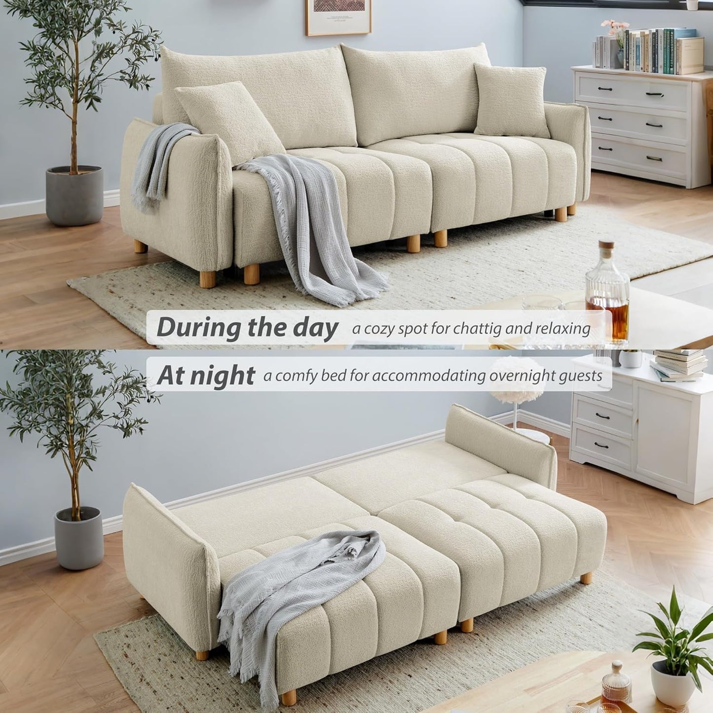 Convertible Sofa Bed, 90" Full Size Sleeper Sofa with Storage, Tufted Chenille 3 Seat Sofa Couches for Living Room, Small Spaces, Guest Room, Apartment, Beige