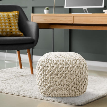 Casafield Square Pouf Ottoman, Natural - 18.5" W x 18.5" D x 14.5" H Cotton Knit Foot Stool - Boho Floor Pouffe for Living Room, Bedroom, Home Office