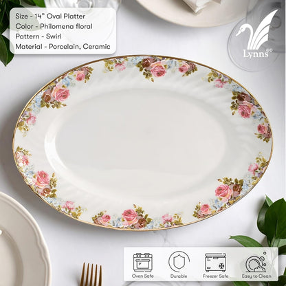 Lynns Paradise Philomena 14-Inch Oval Platter, Set of 2, Pink; Heavy Duty; Chip Resistant; Lead and Cadmium Free; Freezer to Oven Safe up to 500°F