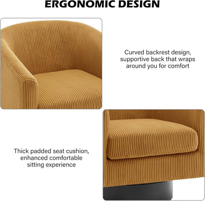 Swivel Barrel Accent Chair, Modern Round Corduroy Fabric Arm Chair for Living Room, Bedroom, Comfy Club Reading Chairs for Adults (Corduroy Orange, Set of 1)