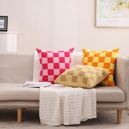 Alysheer Checkered Embroidered Decorative Throw Pillow Covers 18"x 18" Set of 2, Farmhouse Cottage Hot Pink Plaid Tufted Patterned Cotton Canvas Cushion Case for Sofa Couch Bed Living Room