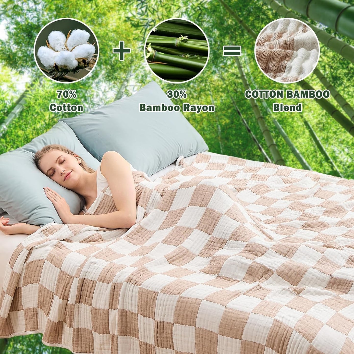 EMME Checkered Cotton Blanket Twin Large 60"x80" 100% Muslin for Couch Breathable Cooling Gauze All Season Soft and Lightweight Pre-Washed (Light Tan)