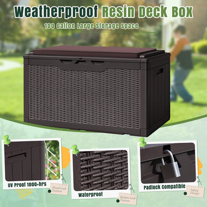 Greesum 100 Gallon Resin Deck Box Large Outdoor Storage with Cushions for Patio Furniture, Garden Tools, Pool Supplies, Weatherproof and UV Resistant, Lockable, Dark Brown