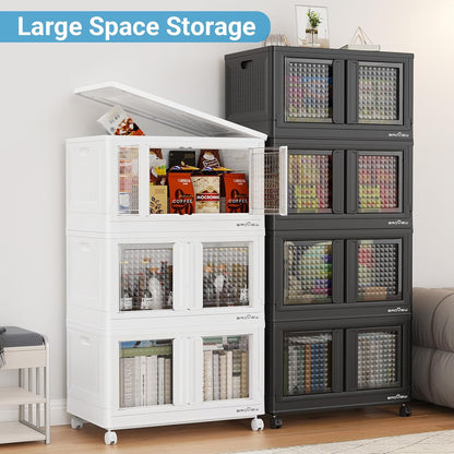 600Qt Stackable Storage Bins with Lids, 150Gal Closet Organizers and Storage Drawer, Plastic Collapsible Storage Bins with Doors, Heavy Duty Store Box Cabinet for Home Kitchen, 6Pack Black