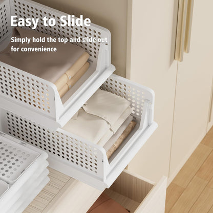 Stackable Plastic Storage Basket Closet Organizer Bin Foldable Clothes Organizer Storage Drawer Shelf Container for Living Room Bathroom Kitchen Office Laundry Room