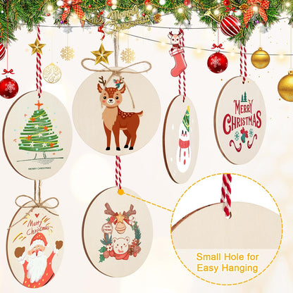 Philorn 50pcs Wooden Ornaments for Crafts 3.5" Unfinished DIY Wooden Christmas Ornaments, Predrilled Wood Slices Circles for Crafts Paint Holiday Hanging Decorations (50pc Rounds)