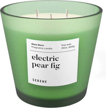 Hidden Label Large Scented Candle, Electric Pear Fig, 30oz 3 Wick Huge Candle, Serene Collection Slow Burn Natural Soy Candles for Home Scented