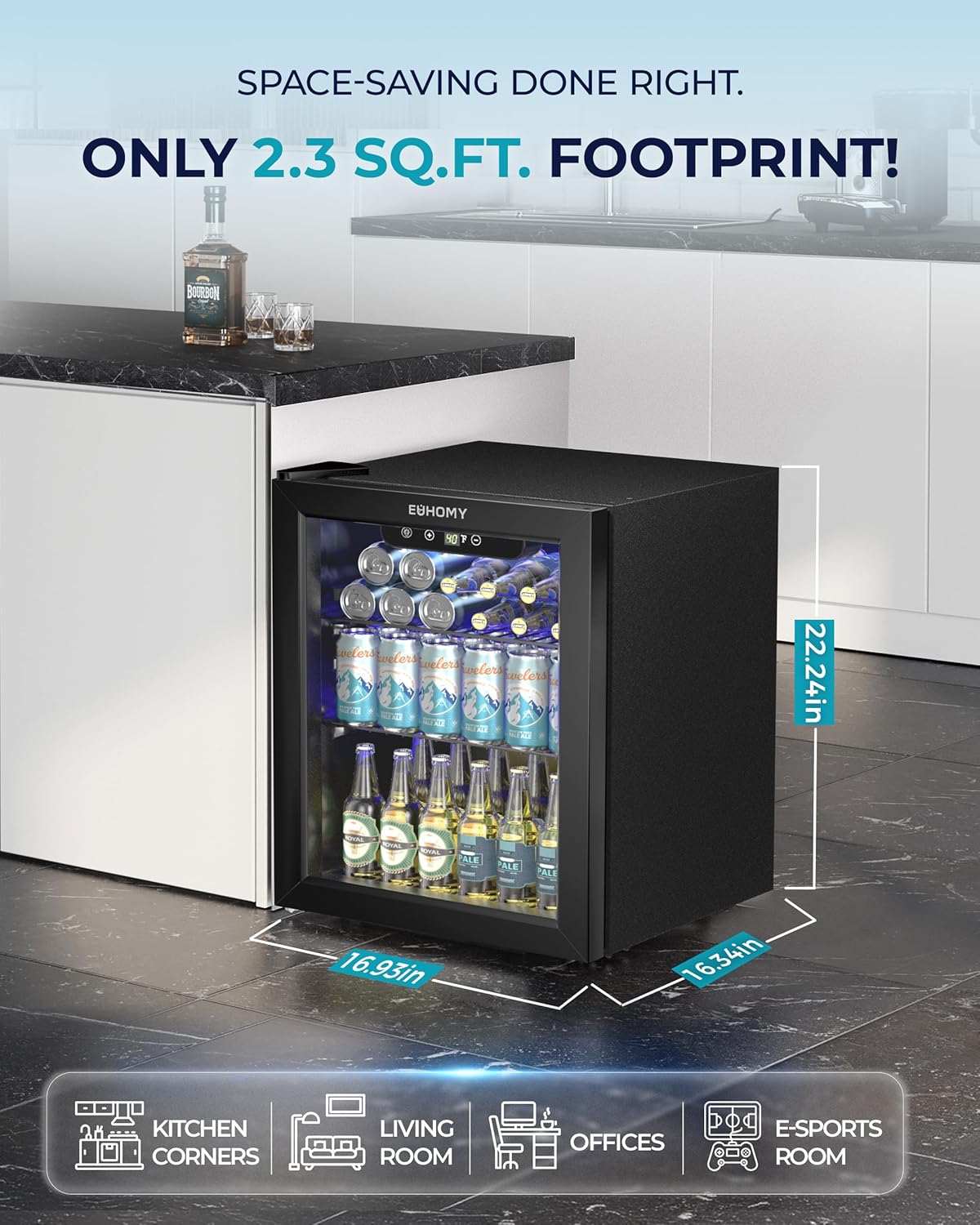 EUHOMY Beverage Refrigerator Cooler - 68 Can Mini Fridge with Glass Door for Soda, Beer, Wine, Small Refrigerator with Digital Temperature Control and Adjustable Shelves for Home Office Bar, 1.7 Cu.ft