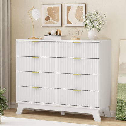 Fluted Dresser for Bedroom with 8 Drawers, 48" Wide Modern Chest of Drawers with Metal Handle, Wooden Dresser TV Stand, Wood Closet Clothes Storage Drawer Organizer for Living Room, Hallway, White