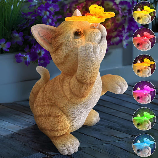 Solar Garden Statue Cat Figurine,Resin Cat Statue Playing Butterfly,Outdoor Decoration for