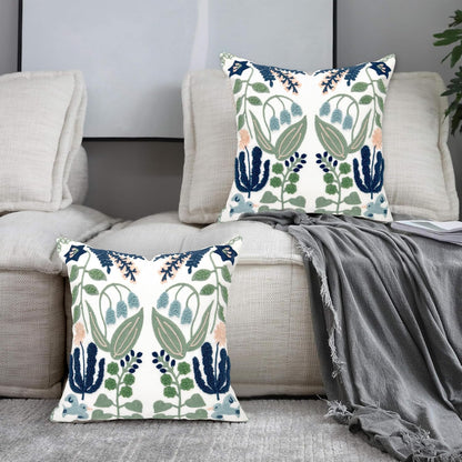 Alysheer Floral Embroidered Summer Decorative Throw Pillow Covers 20"x 20" Set of 2, Farmhouse Cottage Navy Blue Green Flowers Leaves Knit Pattern Cotton Canvas Cushion Case for Couch Bed Living Room