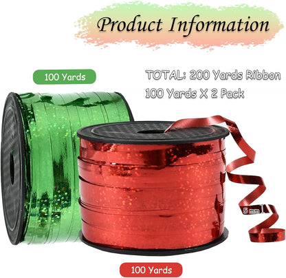 BEISHIDA 2 Pack Christmas Curling Ribbons Red and Green Balloon String Ribbons for Gift Warppping Birthday Christmas Party Decorations（Total 200 Yards）