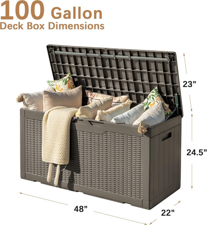 Devoko 97 Gallon Deck Box, Waterproof Resin Outdoor Storage Box for Outside and Patio, Large Outdoor Storage Bench Cabinet Lockable for Patio Furniture, Garden Tools and Pool Supplies (Brown)