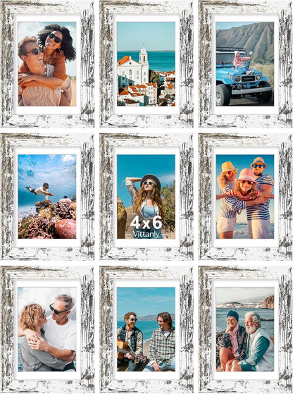 Vittanly 4x6 Picture Frames Set of 9, Shatter Resistant Plexiglass, Display 3.5x5 Pictures with Mat or 4x6 without Mat, Photo Frames for Wall or Tabletop, Engineered Wood, Distressed White