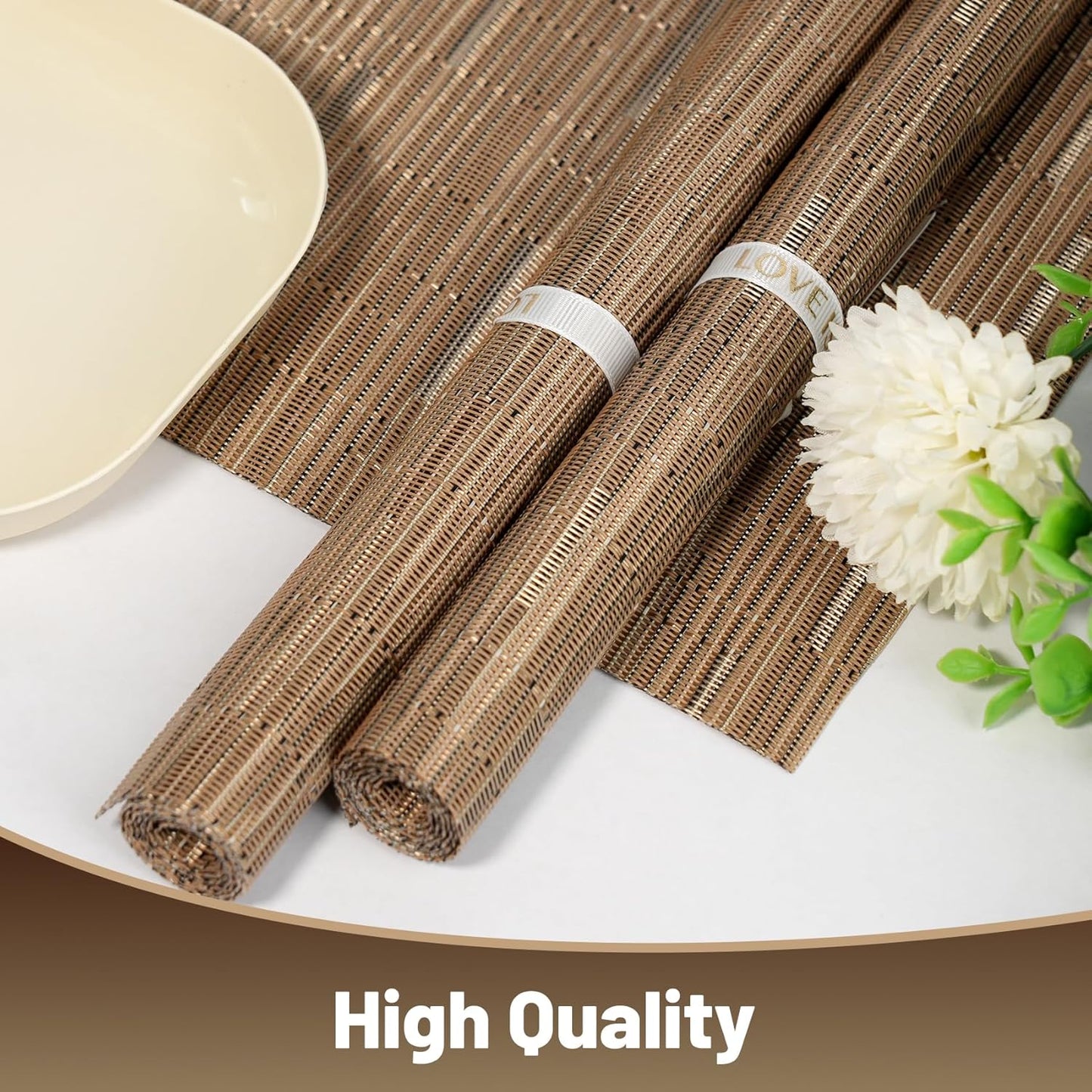 Placemats Set of 8，Non-Slip PVC Weave Table Mats Easy to Clean，Heat Resistant Place Mats for Kitchen Dining Table Decoration Indoor Outdoor，Light Brown