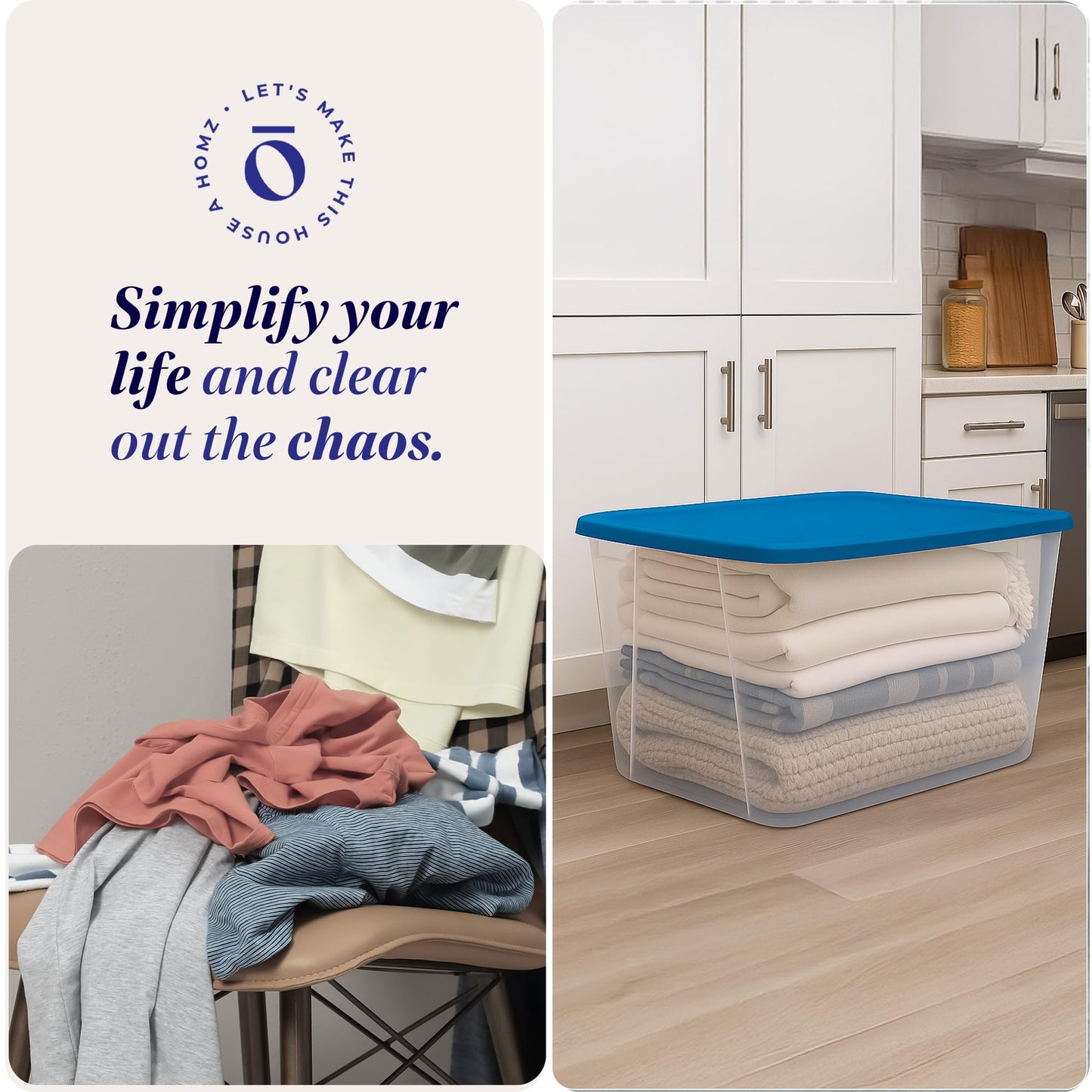 HOMZ 2-Pack Snaplock, Large Clear Plastic Storage Organizer Bins w/Lids, 56 Quart, Blue - Stackable