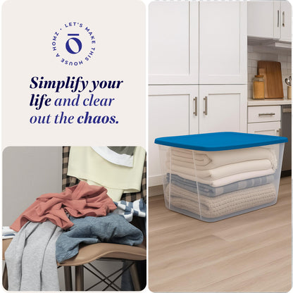 HOMZ 2-Pack Snaplock, Large Clear Plastic Storage Organizer Bins w/Lids, 56 Quart, Blue - Stackable