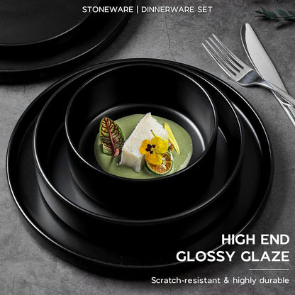 Onader 16 Piece Dinnerware Sets with Serving Bowls for 4, Stoneware Plates and Bowls Dish Sets, Ceramic Dinner Ware Dishware for Kitchen Dining, Chip & Scratch Resistant - Ebony Black