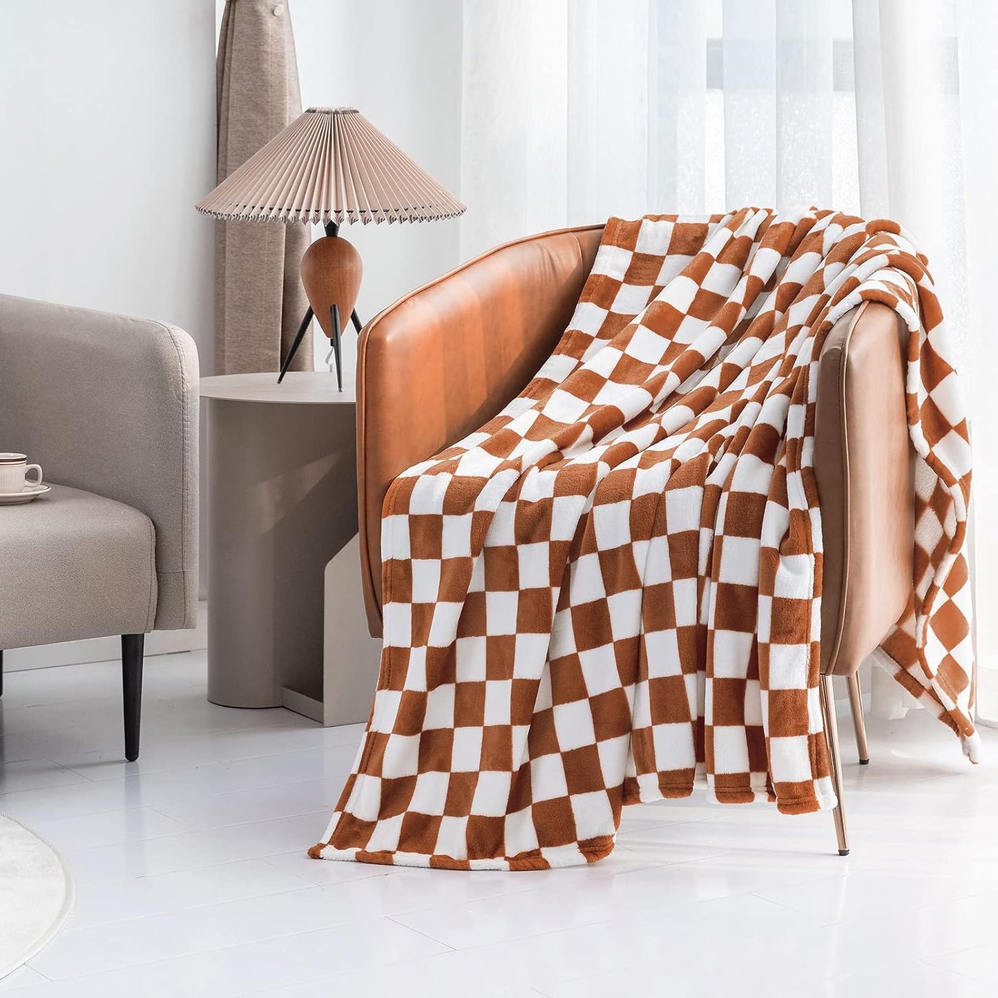 LOMAO Throw Blankets Flannel Blanket with Checkerboard Grid Pattern Soft Throw Blanket for Couch, Bed, Sofa Luxurious Warm and Cozy for All Seasons (Maple Brown, 50"x60")