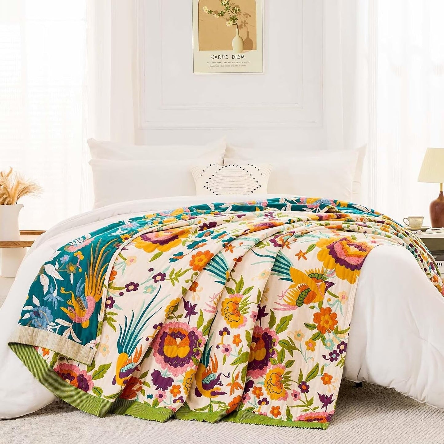 Boho Throw Blanket for Bed, 100% Cotton Soft Rustic Quilt Fall Blanket, 60"x80" Floral Printed Farmhouse Decor Bed Blankets, All Season Rustic Reversible Bohemian Throw Quilt